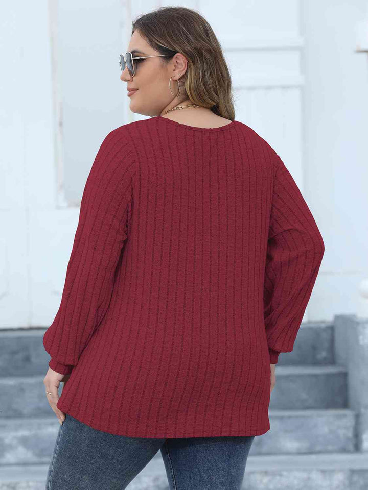 Plus Size Ribbed V-Neck Long Sleeve Top | 1mrk.com