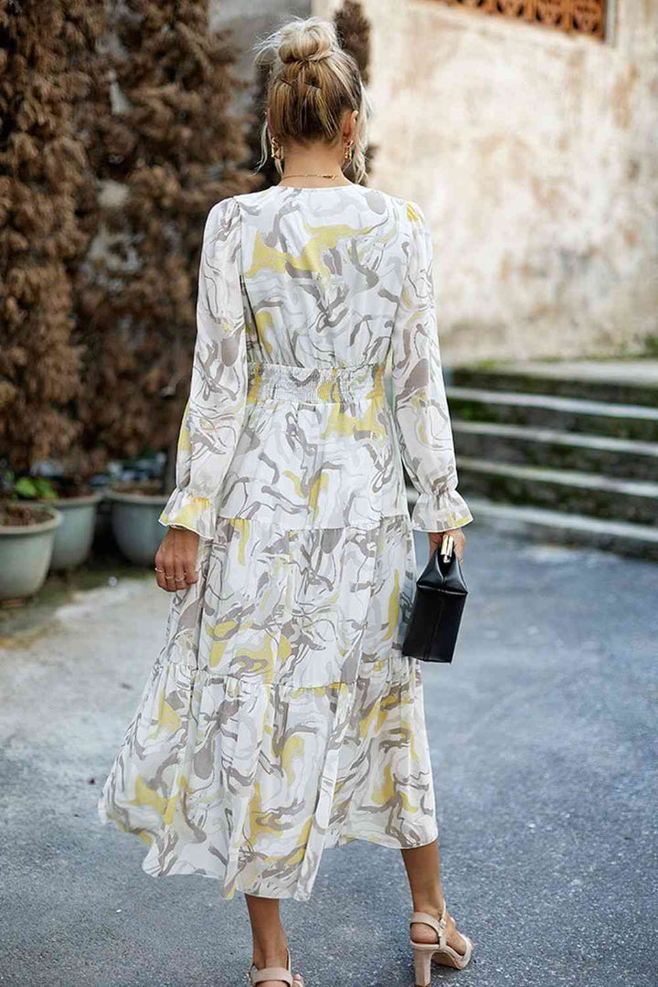 Printed Surplice Neck Flounce Sleeve Midi Dress |1mrk.com