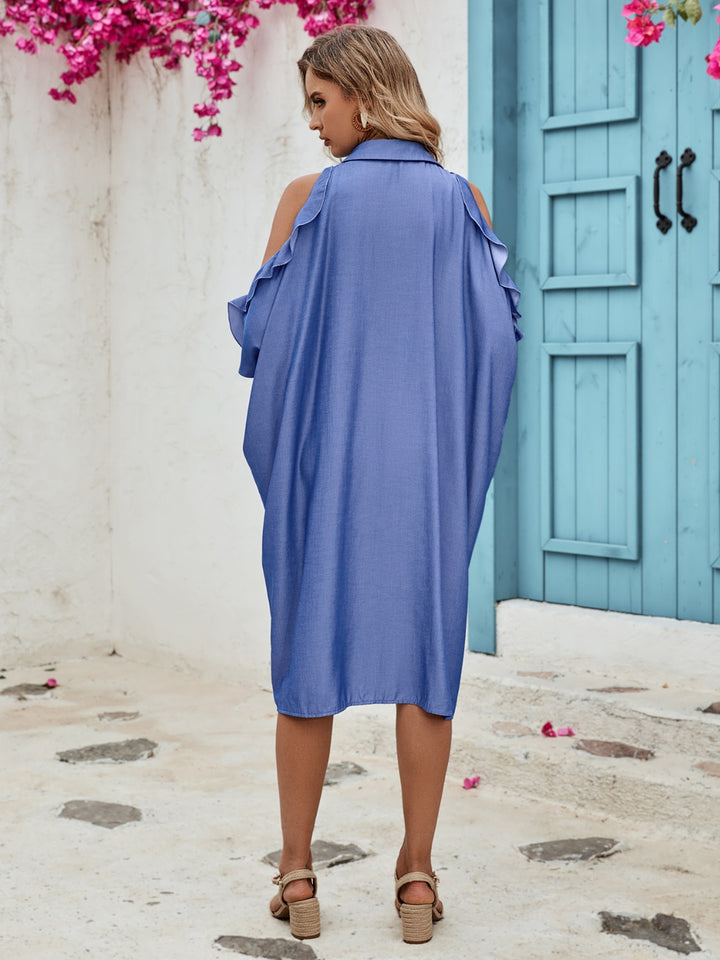 Ruffled Button Up Cold Shoulder Dress | Trendsi