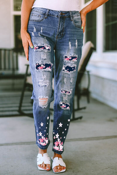 Flower Distressed Jeans with Pockets |1mrk.com