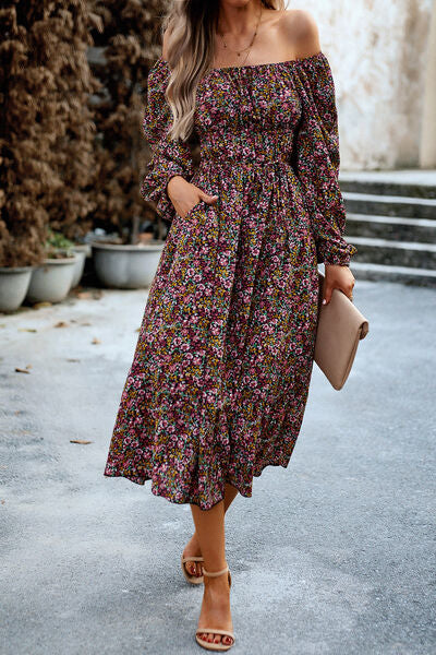 Printed Balloon Sleeve Pocketed Midi Dress |1mrk.com