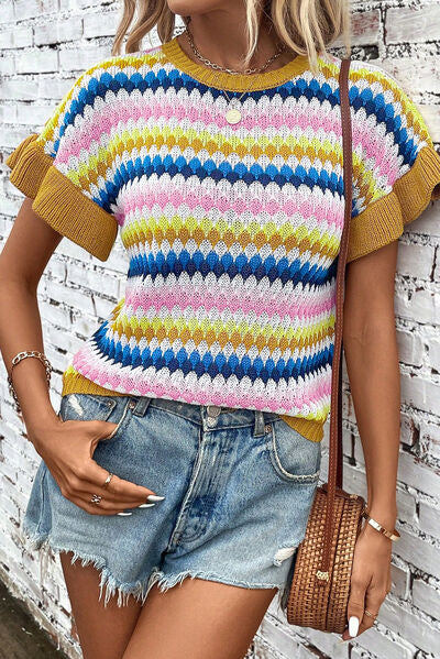 Striped Round Neck Short Sleeve Sweater |1mrk.com