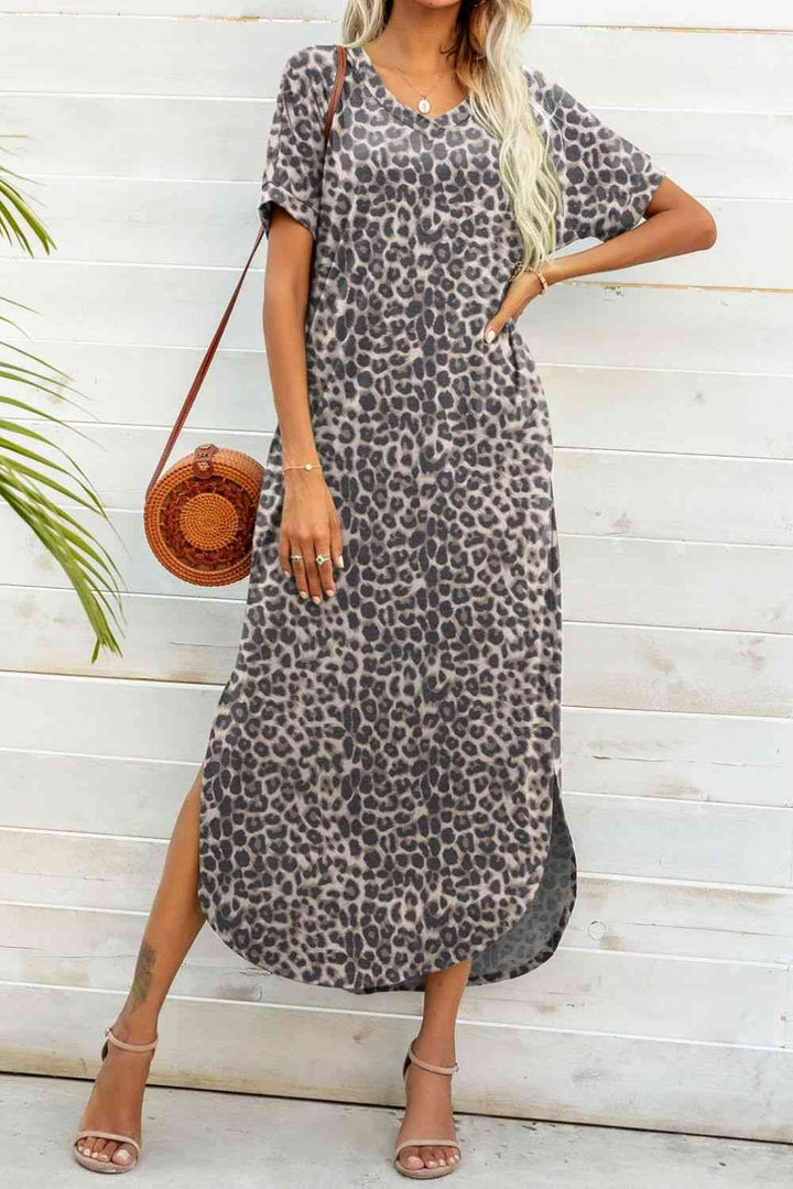 Printed V-Neck Curved Hem Dress |1mrk.com