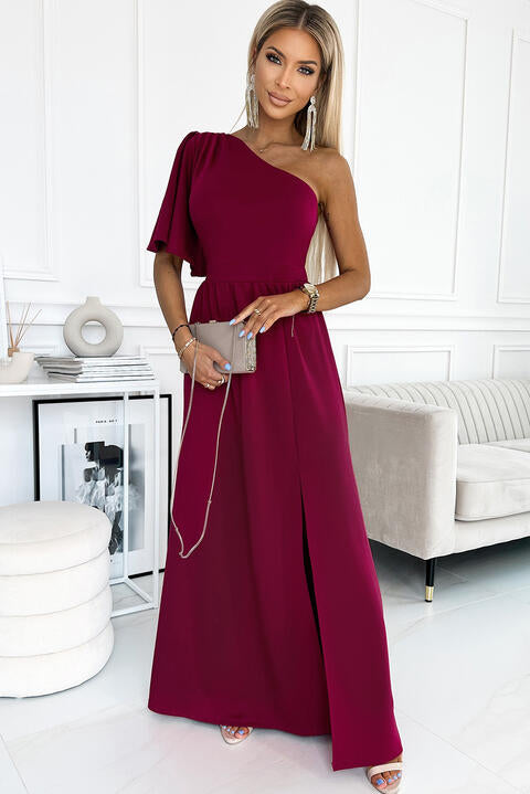 One shoulder Flutter sleeves Slit Dress | 1mrk.com