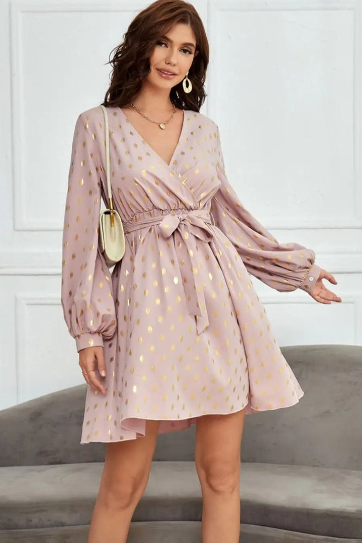 Tied Printed Surplice Long Sleeve Dress | Trendsi