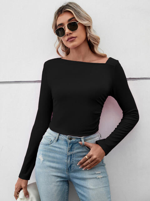 Asymmetrical Neck Long Sleeve T-Shirt | 1mrk.com