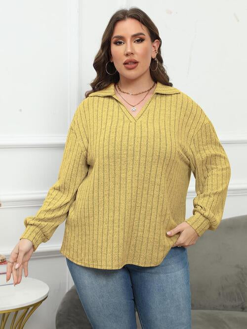 Plus Size Ribbed Collared Neck Long Sleeve Blouse | 1mrk.com