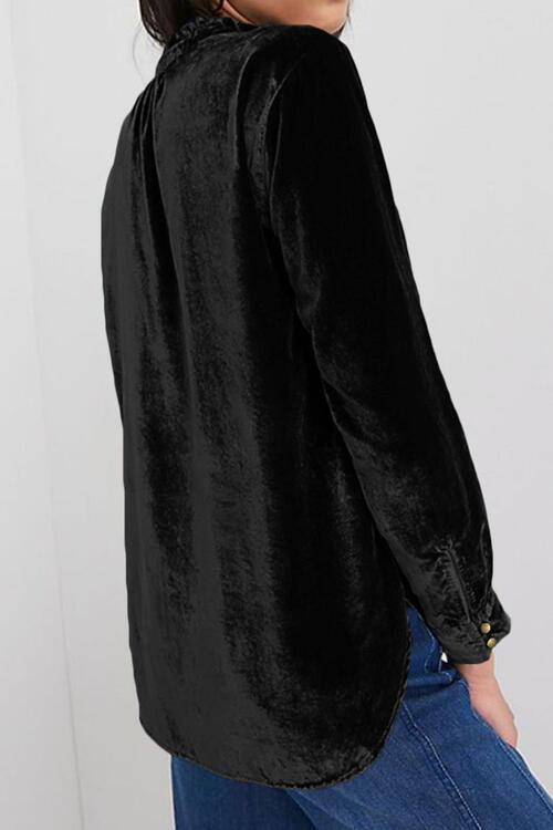 Notched Neck Buttoned Long Sleeve Velvet Blouse | 1mrk.com