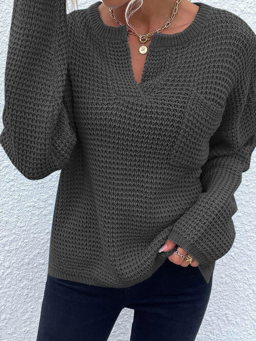 Notched Long Sleeve Sweater |1mrk.com