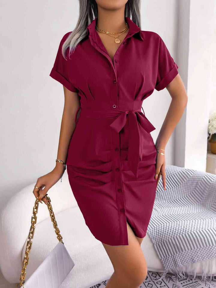 Button Down Ruched Tie Belt Dress |1mrk.com