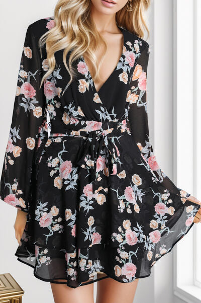 Printed Surplice Balloon Sleeve Mini Dress |1mrk.com