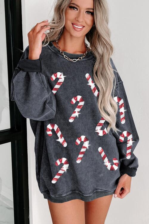 Sequin Candy Cane Round Neck Sweatshirt |1mrk.com