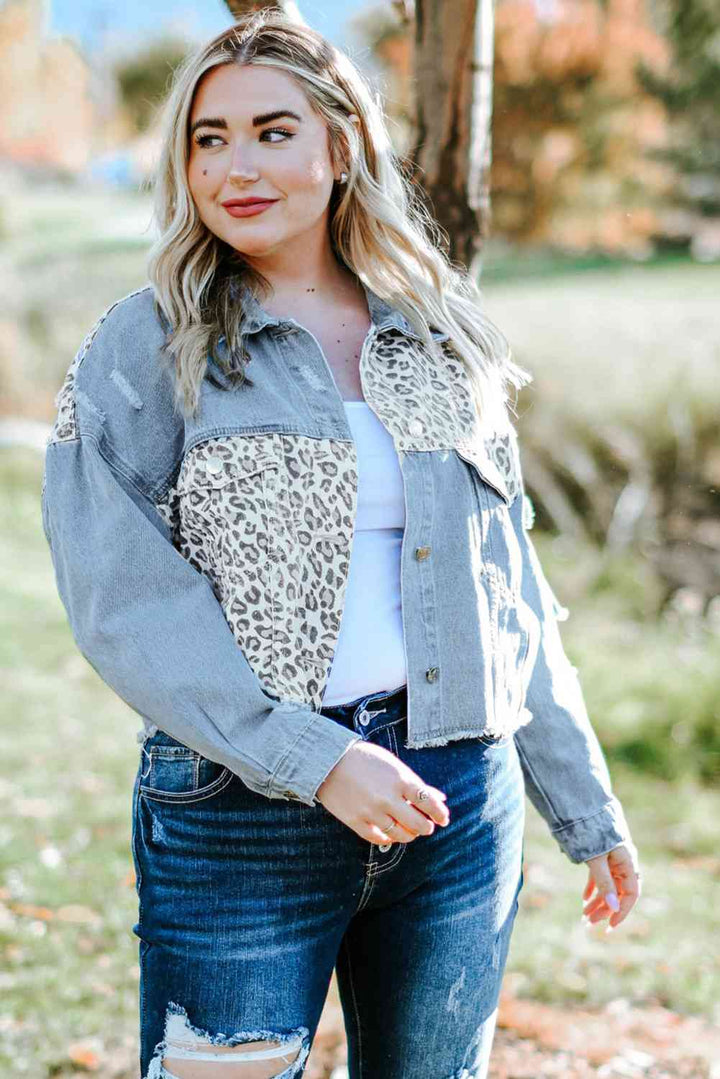 Plus Size Leopard Raw Hem Distressed Spliced Denim Jacket | 1mrk.com