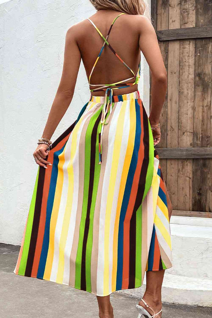 Multicolored Stripe Crisscross Backless Dress |1mrk.com