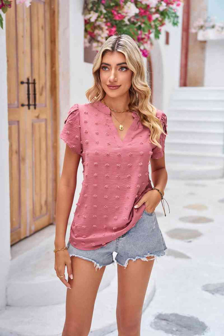 Swiss Dot Petal Sleeve Notched Top | 1mrk.com