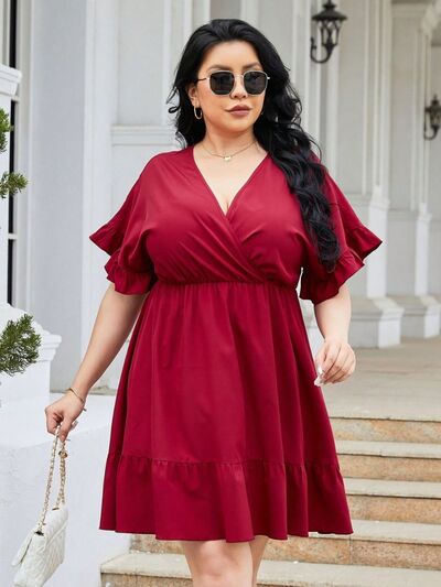 Plus Size Ruched Surplice Flounce Sleeve Mini Dress |1mrk.com