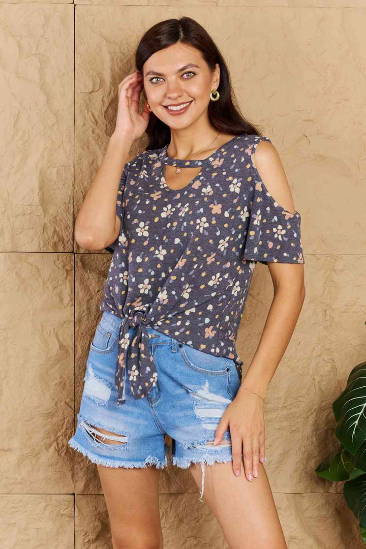 Heimish On My Own Full Size Cold Shoulder Keyhole Floral Print Top | 1mrk.com