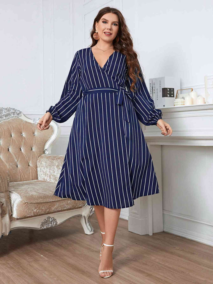 Melo Apparel Plus Size Striped Surplice Neck Long Sleeve Dress |1mrk.com