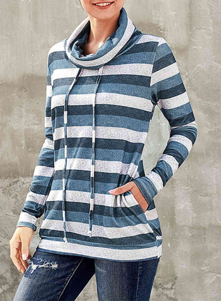 Striped Cowl Neck Tunic Sweatshirt |1mrk.com