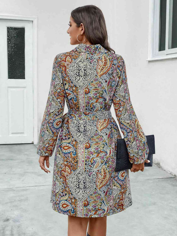 Printed Collared Neck Long Sleeve Dress |1mrk.com