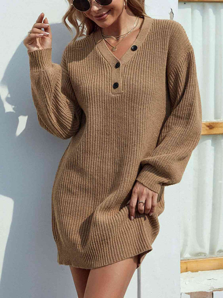 Buttoned V-Neck Sweater Dress |1mrk.com