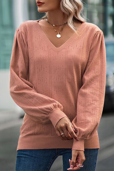 Eyelet V-Neck Lantern Sleeve Sweater | Trendsi