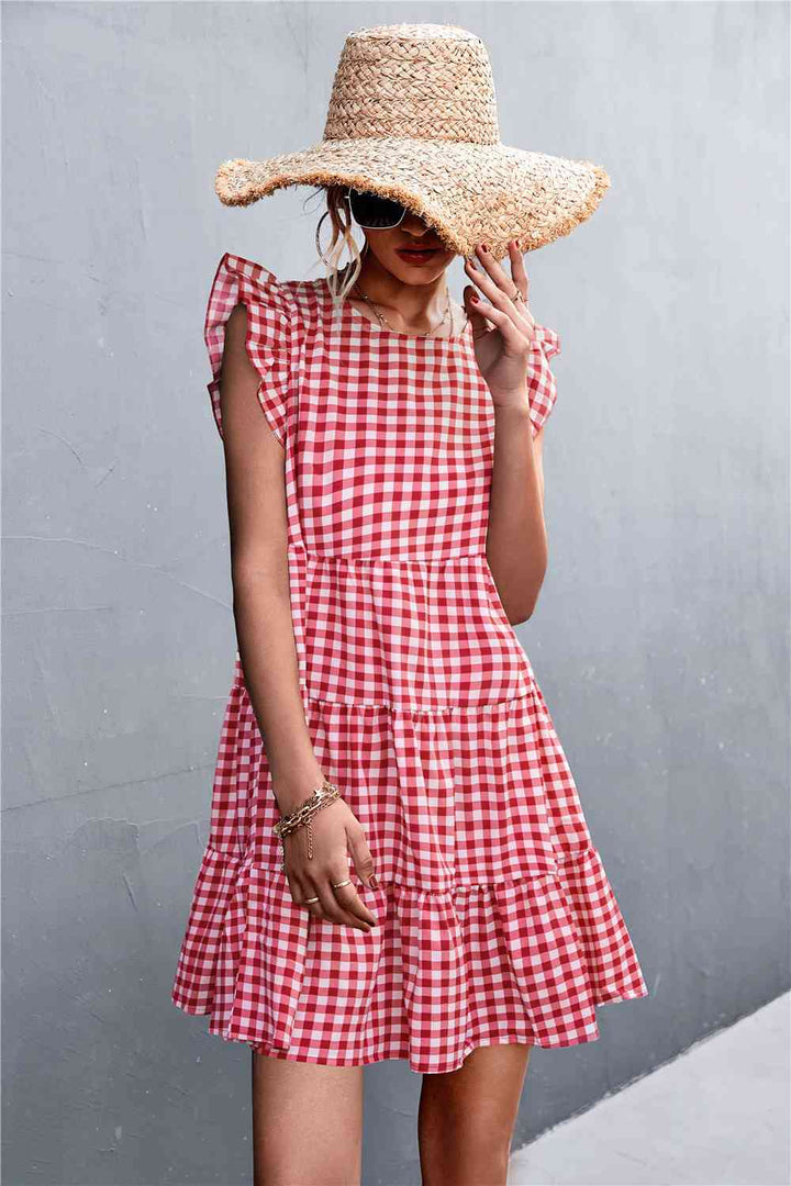 Gingham Ruffle Shoulder Tiered Dress |1mrk.com