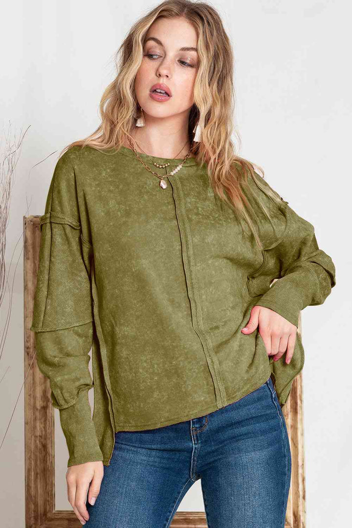 Full Size Exposed Seams Round Neck Dropped Shoulder Sweatshirt |1mrk.com