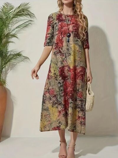 Full Size Printed Half Sleeve Midi Dress |1mrk.com