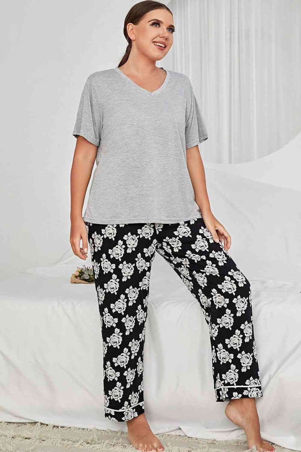 Plus Size V-Neck Tee and Floral Pants Lounge Set | 1mrk.com