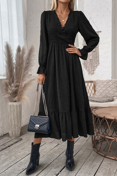 Smocked Surplice Flounce Sleeve Midi Dress |1mrk.com