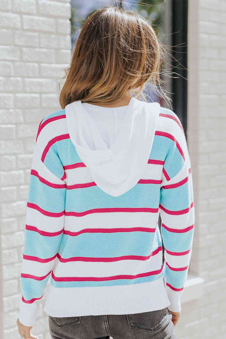 Striped Drawstring Hooded Sweater |1mrk.com