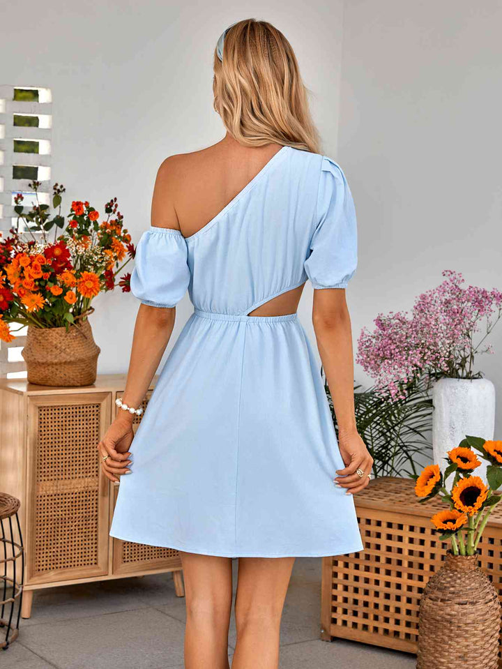 Cutout Asymmetrical Neck Puff Sleeve Dress |1mrk.com