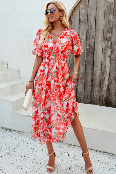 Smocked Printed V-Neck Short Sleeve Dress |1mrk.com