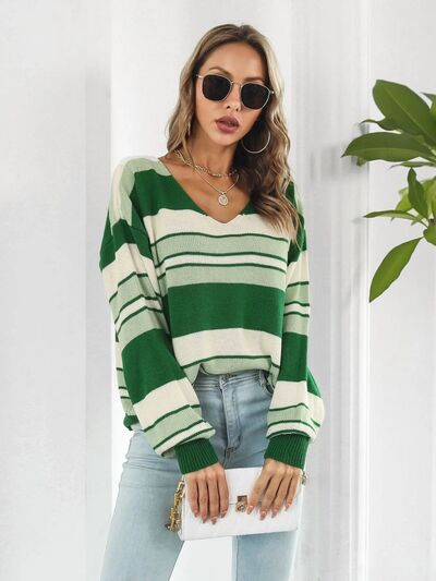 Striped V-Neck Dropped Shoulder Sweater |1mrk.com