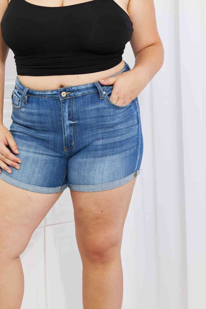 Kancan Full Size High Rise Medium Stone Wash Denim Shorts |1mrk.com