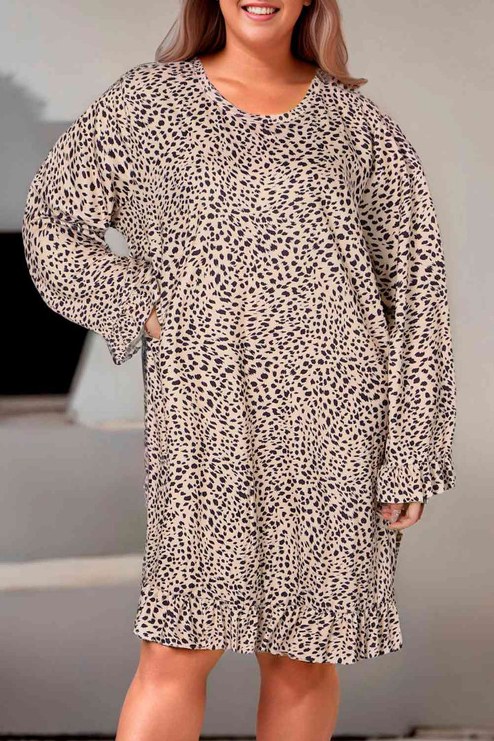 Plus Size Leopard Print Long Sleeve Mini Dress | 1mrk.com