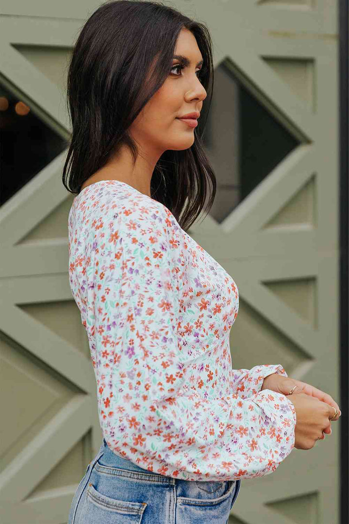 Ditsy Floral Long Sleeve Plunge Bodysuit | 1mrk.com