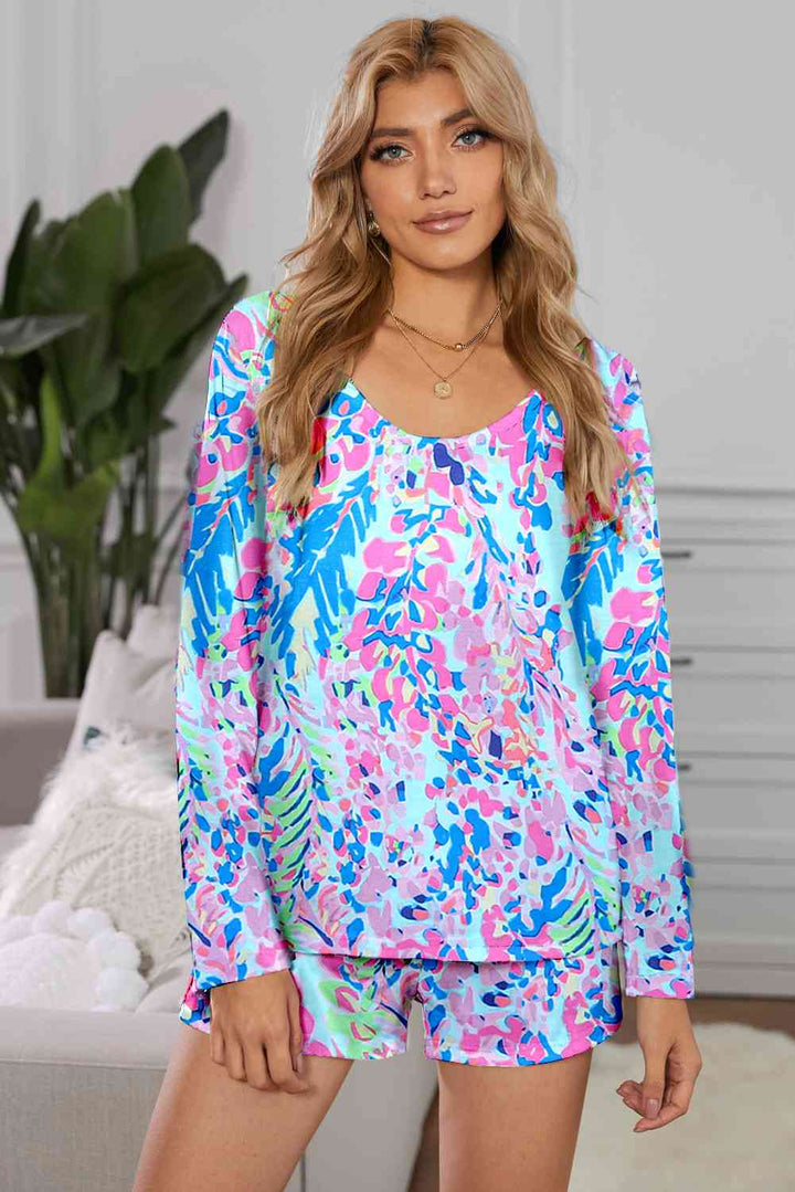 Round Neck Printed Top and Shorts Lounge Set | 1mrk.com