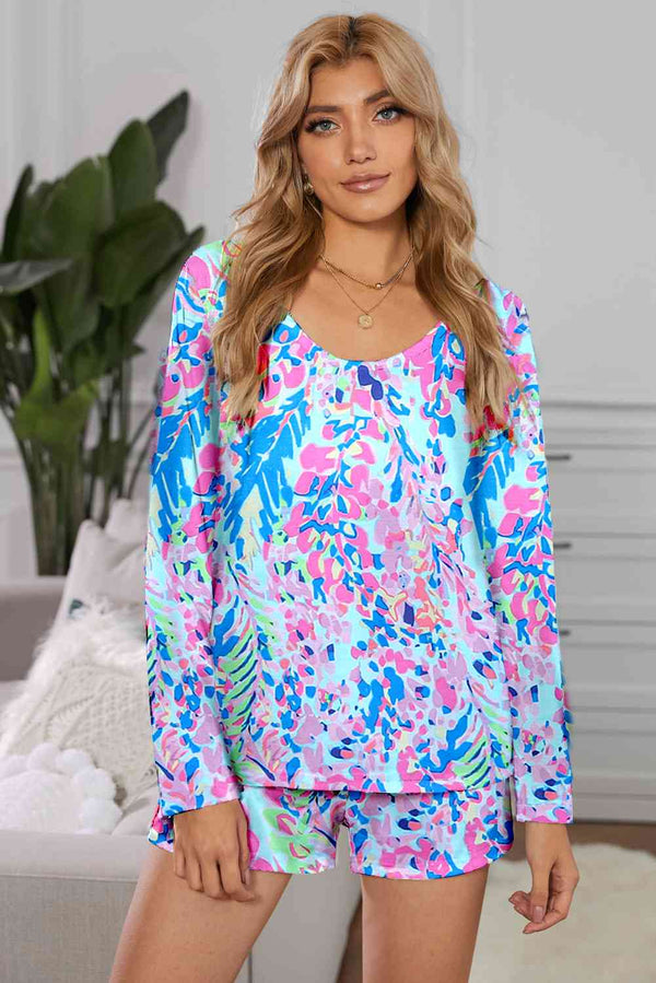 Round Neck Printed Top and Shorts Lounge Set | 1mrk.com