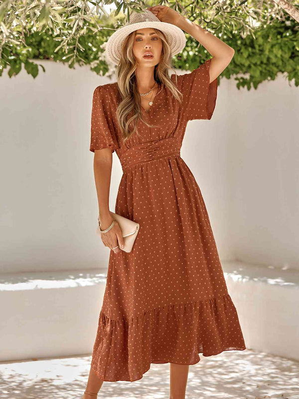 Swiss Dot V-Neck Ruffle Hem Dress |1mrk.com