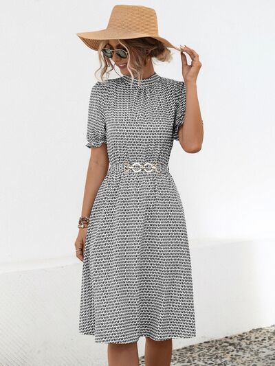 Printed Mock Neck Flounce Sleeve Dress |1mrk.com