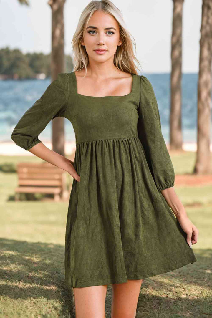 Square Neck Three-Quater Sleeve Mini Dress |1mrk.com