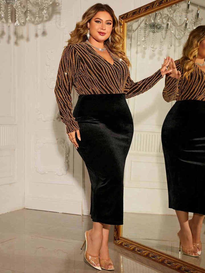 Plus Size Surplice Neck Long Sleeve Slit Dress | 1mrk.com