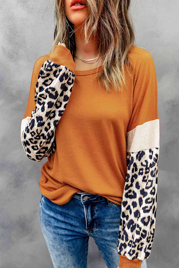 Leopard Long Sleeve Round Neck Sweatshirt |1mrk.com