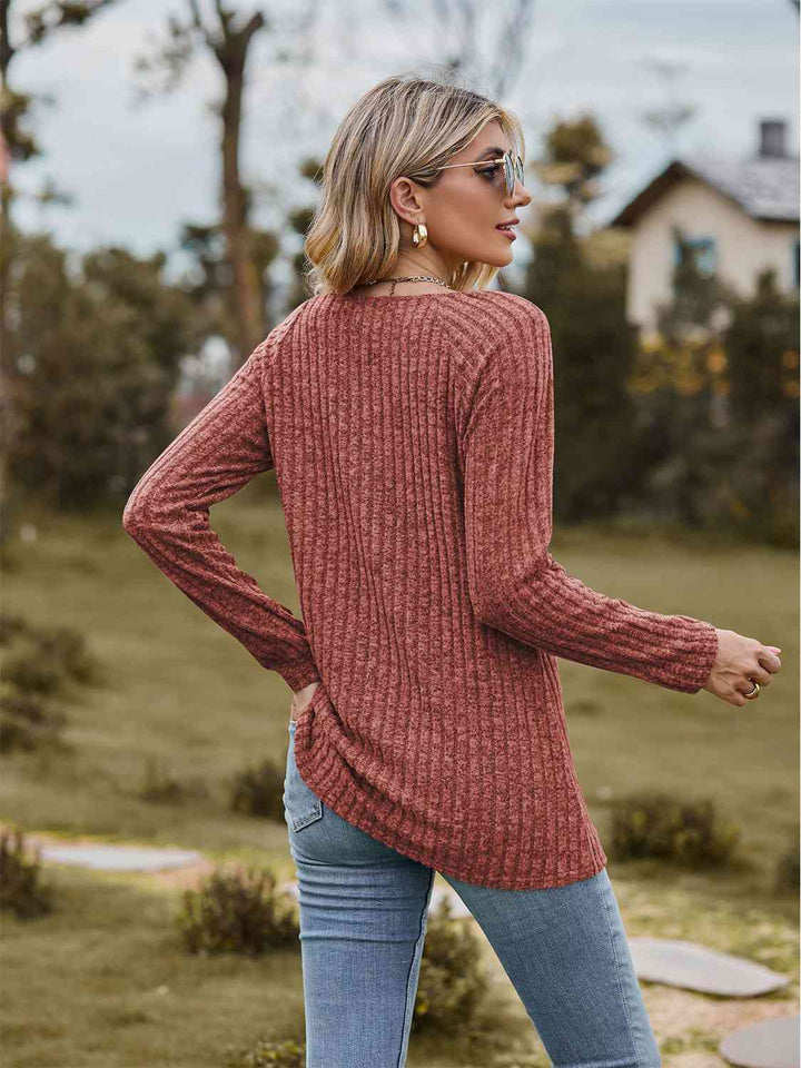 Full Size Ribbed Square Neck Long Sleeve T-Shirt | 1mrk.com