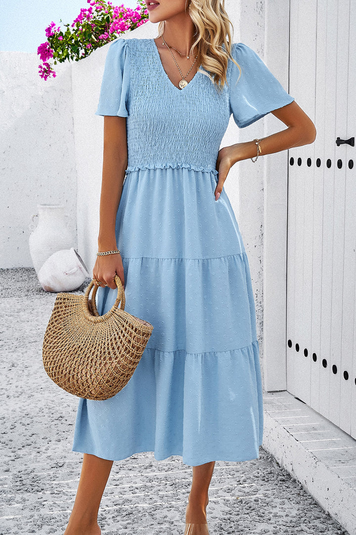 Swiss Dot Short Sleeve Smocked Dress | Trendsi