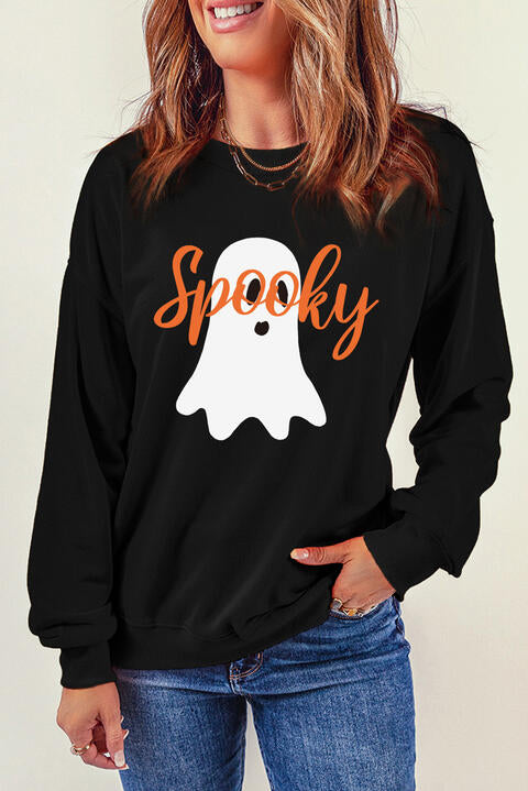 SPOOKY Ghost Graphic Round Neck Sweatshirt |1mrk.com