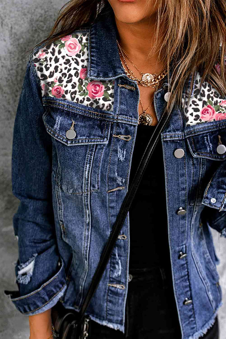 Mixed Print Distressed Button Front Denim Jacket | 1mrk.com