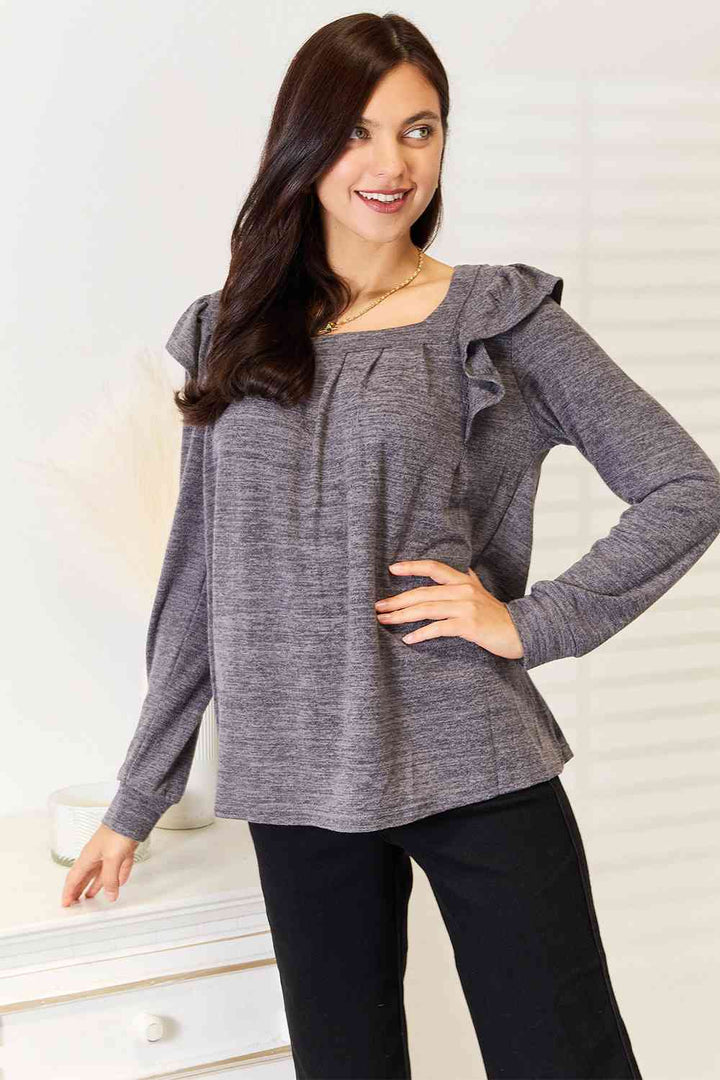 Double Take Square Neck Ruffle Shoulder Long Sleeve T-Shirt | 1mrk.com